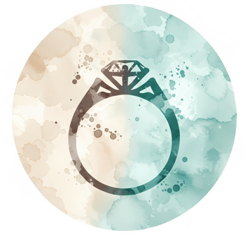 Engagement ring with gem on watercolor wash circle in neutral tones with splatters and transparent edges on transparent background png