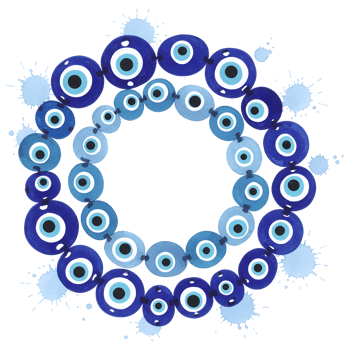 A circular arrangement of blue eye amulets with watercolor splotches around them on a plain space on transparent background png