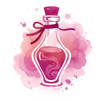 Potion bottle with ribbon and stopper on pink watercolor splash with liquid swirl design inside it on transparent background png