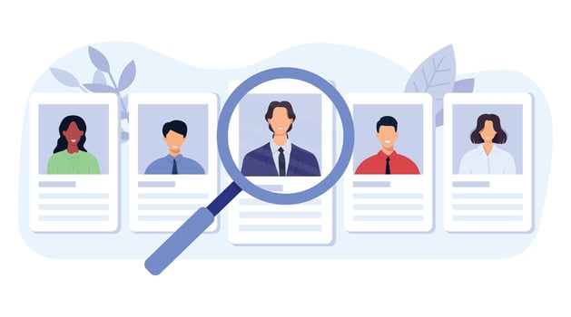 Human resources and recruitment concept. Search, choice of worker for company. Profiles of candidates with photos and resume online and magnifier to one selected candidate for vacancy. vector
