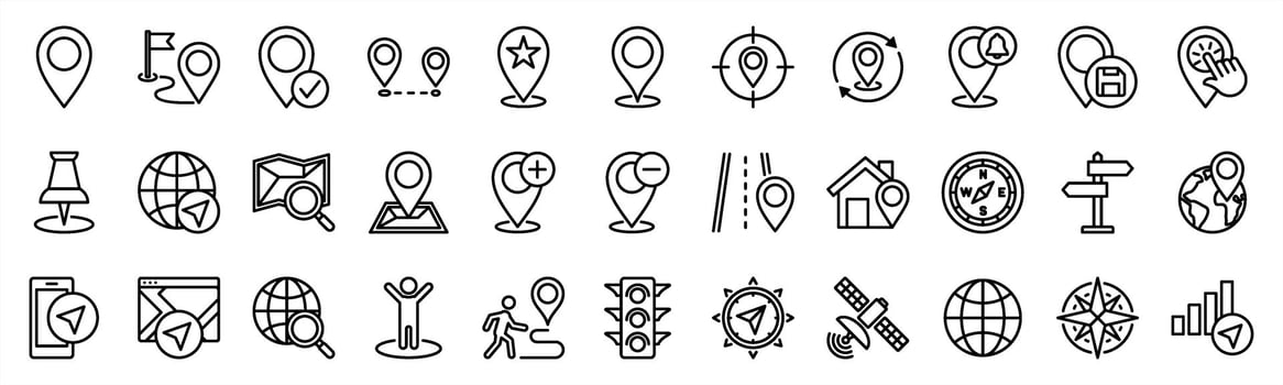 Map pin location line icons set. Contains pointer, direction, navigation, place marker, compass, GPS, place, distance, route, traffic, road and other. Illustration vector