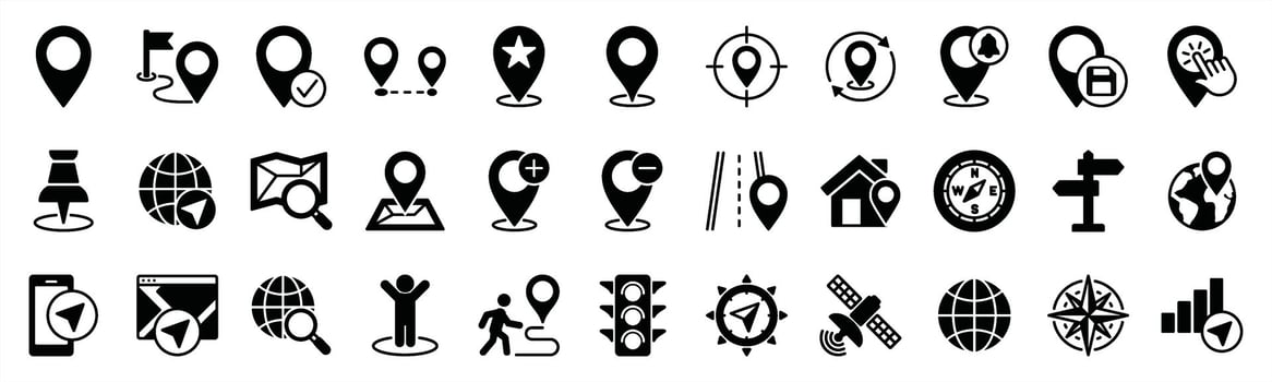 Map pin location icons set. Contains pointer, direction, navigation, place, marker, compass, GPS, place, distance, route, traffic, road, guide, satellite, mark. Illustration vector