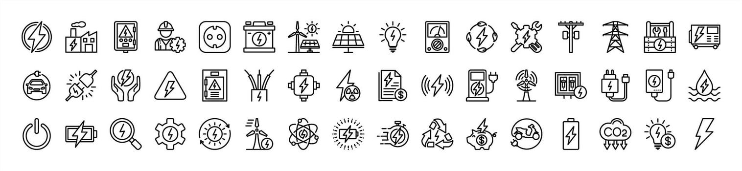 Green energy thin line icons set. Electricity icons set. Power related icon. Icons for renewable energy, ecology, green technology. Illustration vector