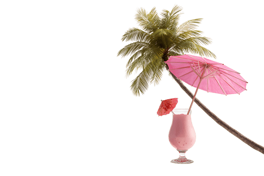 Tropical pink cocktail under palm tree isolated on transparent background png