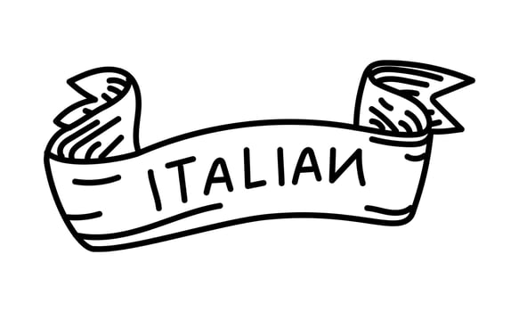 ribbon blowing in wind with the word ITALIAN written in center. Italian food. Grunge, engraving, monochrome, black outline doodle on white. Sign of pizzeria or restaurant. For marketing in pizzeria vector