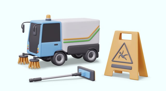 street cleaning vehicle and caution sign vector