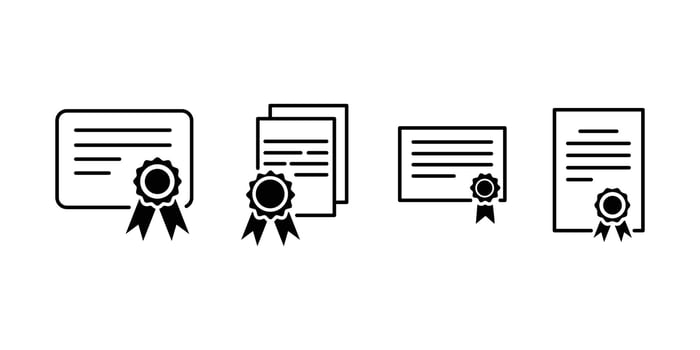 Qualification certificate icon symbol set. Certificate with License Badge Sign, Winner Medal Pictogram. The Award, Grant, Diploma Symbol Collection Template for graphic and web design. vector