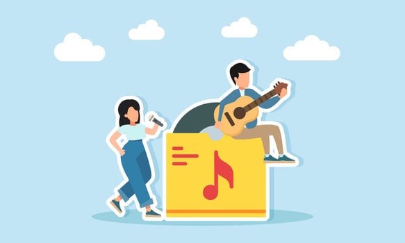Young man playing guitar sitting on a vinyl album while young woman singing with a microphone illustration of appreciation for music day or music festival vector