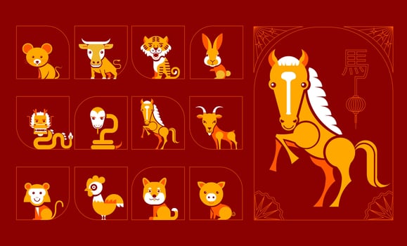 Chinese zodiac animal illustrations in bright colors vector