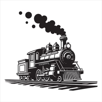 Vintage steam locomotive emitting black smoke on railway tracks train retro vector