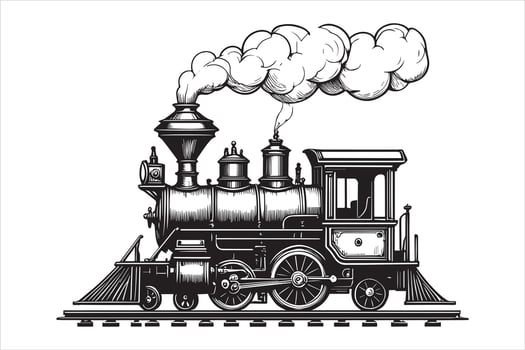 Vintage steam locomotive billowing smoke on tracks train engine. vector
