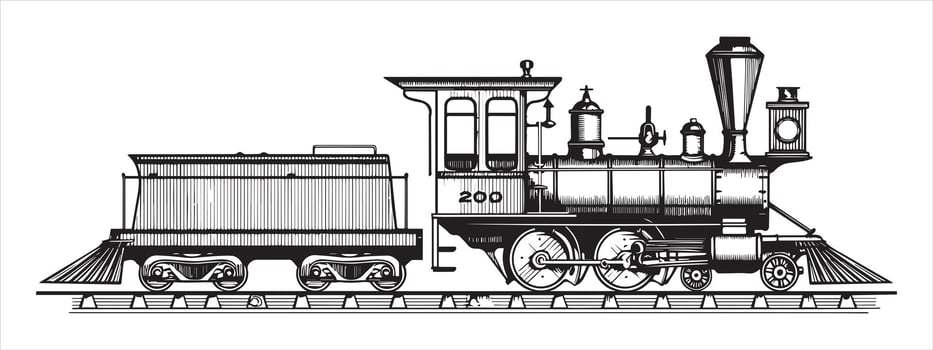 Vintage steam locomotive and tender on tracks train engine vector