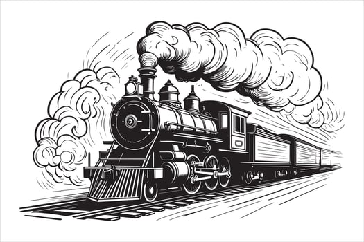 Black and white steam locomotive billowing smoke train engine vector