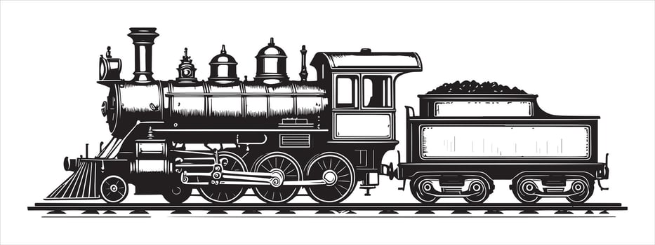 Black steam locomotive with coal tender on tracks train engine. vector