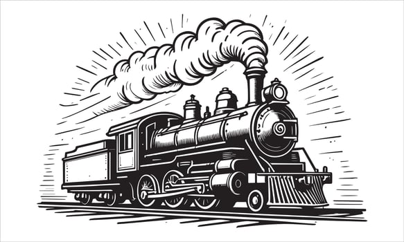 Vintage steam locomotive billowing smoke across the sky train engine vector