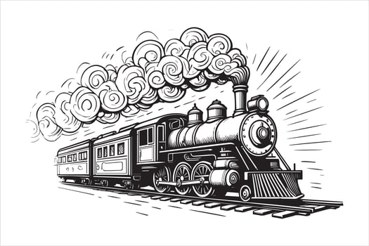 Vintage steam locomotive billowing smoke across the tracks train engine, vector