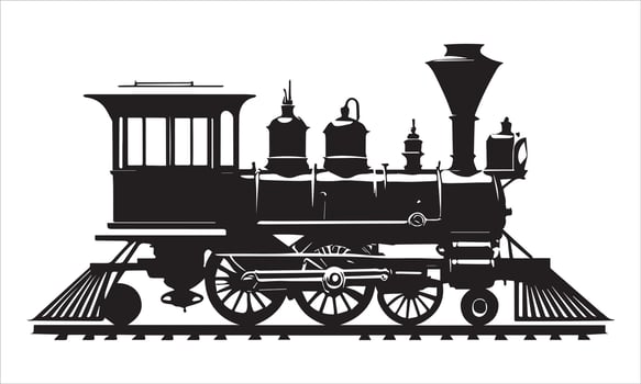 Vintage steam locomotive silhouette on railroad tracks train engine vector