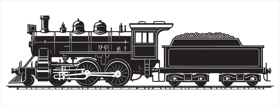 Black steam locomotive with coal tender on tracks train engine vector