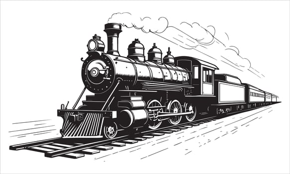 Vintage steam locomotive traveling on tracks with smoke train engine vector