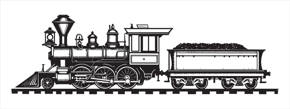 Vintage steam locomotive pulling coal car on tracks train engine vector