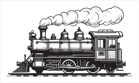 Vintage steam locomotive billowing tracks train engine vector