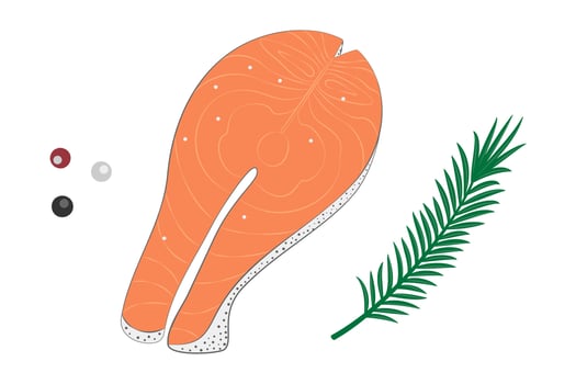 Hand Drawn Salmon Steak Rosemary sprig and allspices. Healthy Food Thematic Cards design element Set. Isolated illustration Sticker Icon Healthy Food Related content Recipe Menu cards, leaflets vector