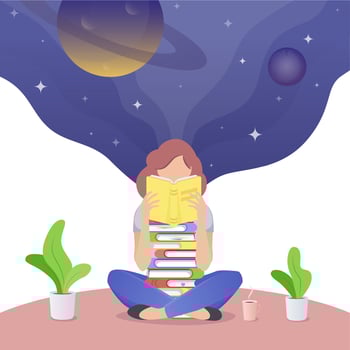 Young adult girl reading and dreaming. Woman having a rest with stack of books and a cup of coffee. Relaxing at home concept. Woman with literature in hands illustration vector
