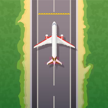 Airplane on road. Landing illustration. Travel by airplane, private airlines and transportation vector