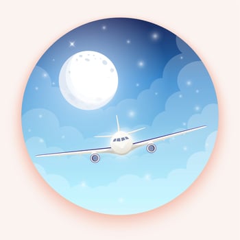 Airplane on blue background with moon and stars. A flying plane in night sky. Landing illustration. Travel by airplane, private airlines and transportation vector