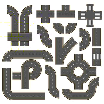Road elements. Collection of connectable highway elements. Top view elements. Part of road highway, illustration highway road for traffic vector