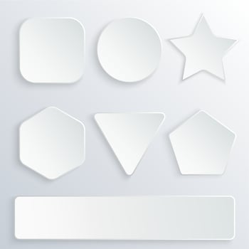 Set of 3d paper buttons in various shapes. White buttons on gray background. Round, square, star, hexagon, rectangle, triangle, pentagon banners vector