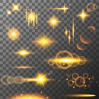 Collection of different flare light effects. Lens flares, rays, stars and sparkles with bokeh collection vector