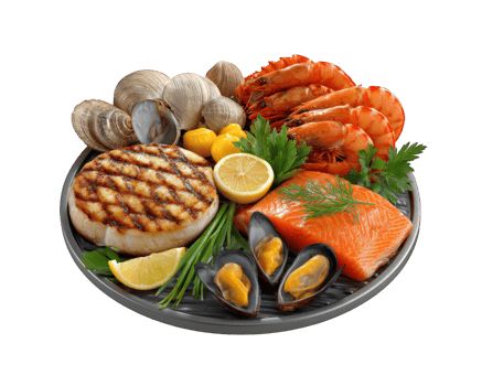 Grilled seafood platter with shrimp salmon mussel clam lemon herbs and vegetables on plate showcasing vibrant colors and fresh ingredients for Asian cuisine enjoyment png