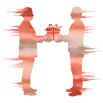 Two figures exchanging a present with a watercolor effect against a plain backdrop in a digital design on transparent background png