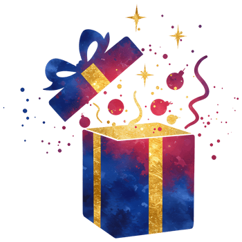 A colorful present box with a bow and confetti floating out of it on a plain simple background on transparent background png