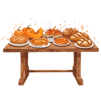Festive autumn harvest feast displayed on a rustic wooden table with various seasonal foods and treats on transparent background png