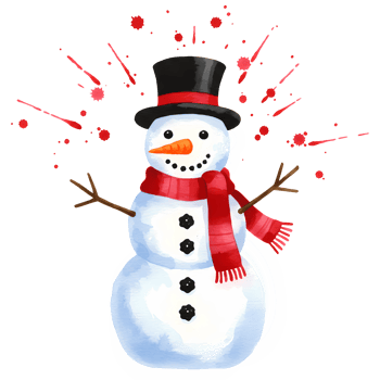 A cheerful snowman with a red scarf and top hat surrounded by festive red splatter decorations on transparent background png
