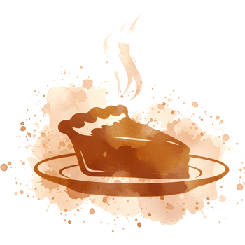 A slice of pie on a plate with steam rising and a watercolor splash effect around the image edges on transparent background png