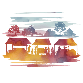 Watercolor depiction of a market scene with stalls and trees in a vibrant color palette design on transparent background png