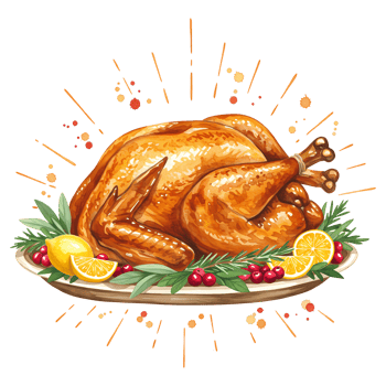 A golden roasted turkey garnished with lemons and cranberries on a decorative serving platter art on transparent background png