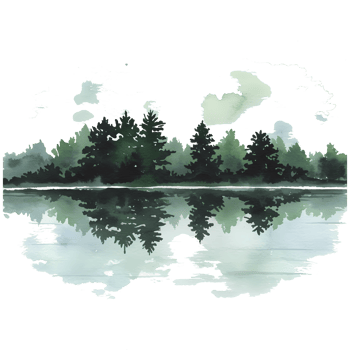Watercolor painting of a forest reflected in a body of water with a peaceful and serene atmosphere on transparent background png