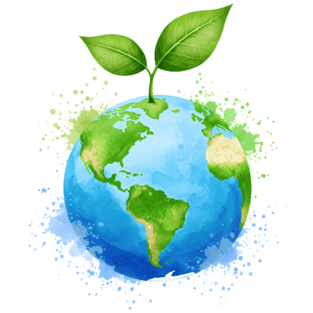A globe with green continents and blue oceans with a sprout growing from the top of the earth globe on transparent background png