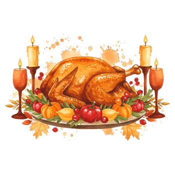 A festive arrangement featuring a roasted turkey with candles and autumnal fruit on a white plate on transparent background png