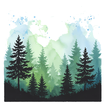 Watercolor forest scene with evergreen trees in shades of green and blue with a serene atmosphere on transparent background png