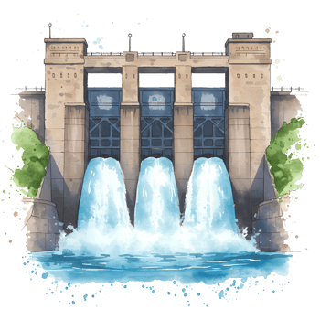 A structure with three openings releasing water into a river with greenery on either side of it on transparent background png