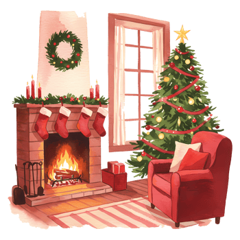 A cozy room decorated with a christmas tree fireplace and stockings in a festive holiday watercolor style on transparent background png