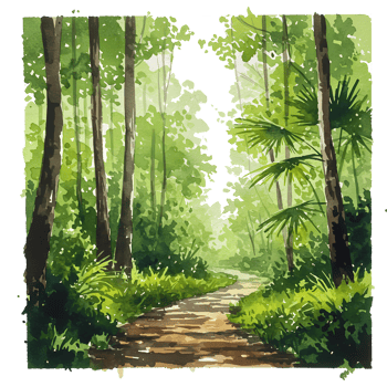 A scenic watercolor painting of a forest path winding through lush trees and vibrant foliage scene view on transparent background png