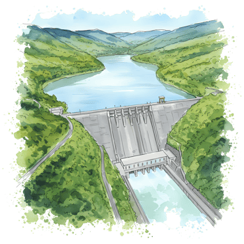 Aerial view of a concrete dam with a reservoir surrounded by lush green mountains and vegetation on transparent background png