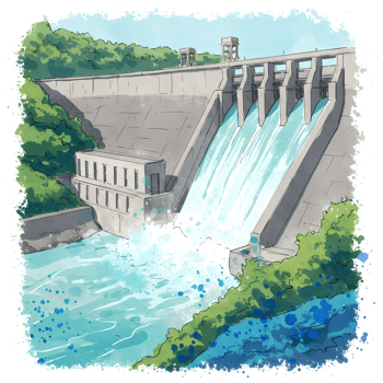 A cartoon style image of a large concrete dam with water flowing through its open sluice gates on transparent background png