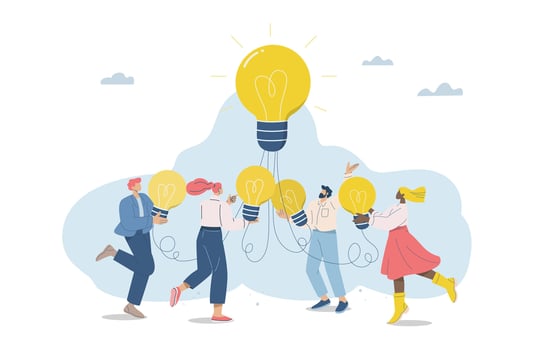 Team collaborating with light bulbs vector
